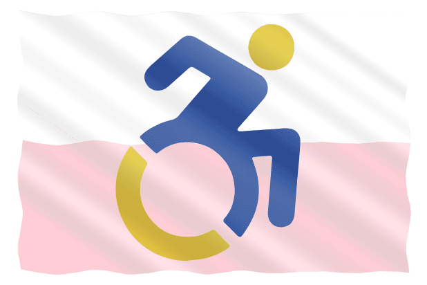W tle polska flaga. Na pierwszym planie Logo Fundacji Biznes Bez Barier w narodowych barwach Ukrainy.