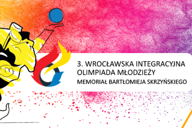 plansza w kolorystyce różowo żółto białej z tekstem Trzecia Wrocławska Integracyjna Olimpiada Młodzieży Memoriał Bartłomieja Skrzyńskiego