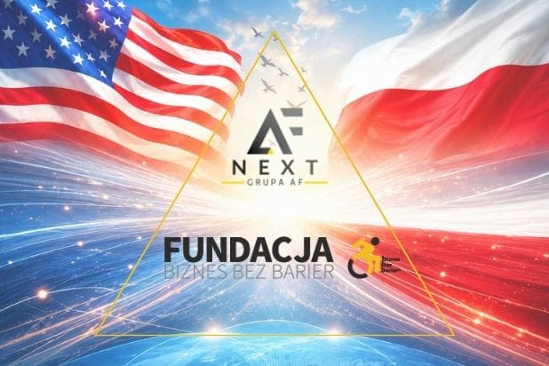 Logo Grupy AF Next i Fundacji Biznes Bez Barier na tle motywów amerykańsko-polskich