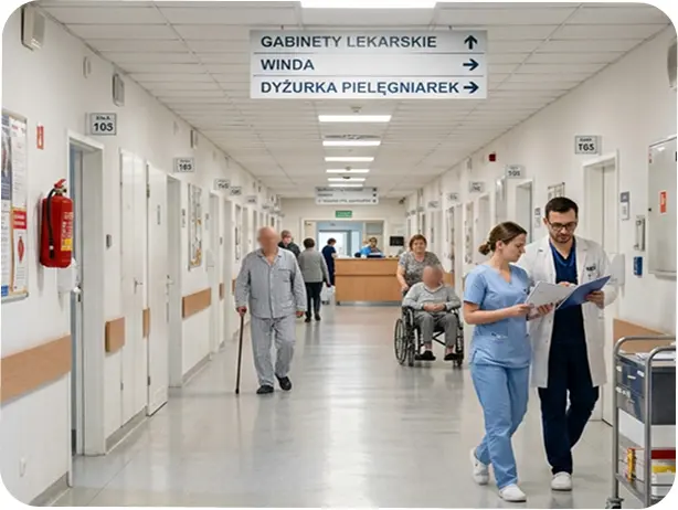 Korytarz przychodni z oznakowaniem gabinetów i personelem medycznym